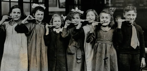 Toothbrush drill at school England Children
